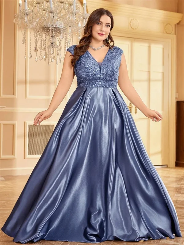 Plus Size Luxury Gold Pink Green Satin V-Neck Evening Dress Women Sequin Wedding Party Prom Floor Length Cocktail Dress Gowns - Image 5