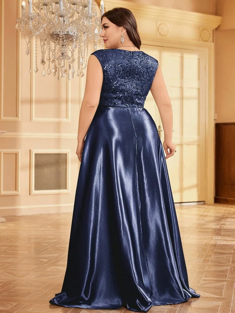 Plus Size Luxury Gold Satin V-Neck Evening Dress Women Sequin Wedding Party Prom Floor Lenght Cocktail Dress Gowns