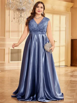 Plus Size Luxury Gold Pink Green Satin V-Neck Evening Dress Women Sequin Wedding Party Prom Floor Length Cocktail Dress Gowns