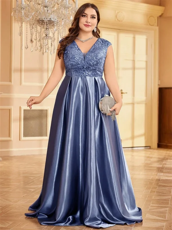 Plus Size Luxury Gold Pink Green Satin V-Neck Evening Dress Women Sequin Wedding Party Prom Floor Length Cocktail Dress Gowns