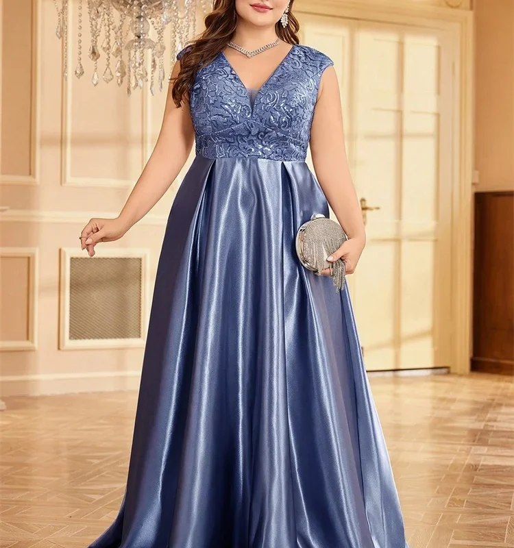 Plus Size Gold Pink Green V-Neck Evening Dress