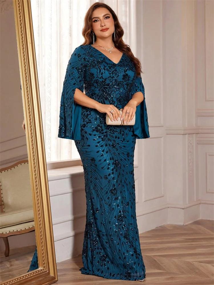 Plus Size Luxury Gold Evening Dresses Women 2024 Long Sleeve Mermaid Formal Sequins Prom Wedding Party Cocktail Gowns