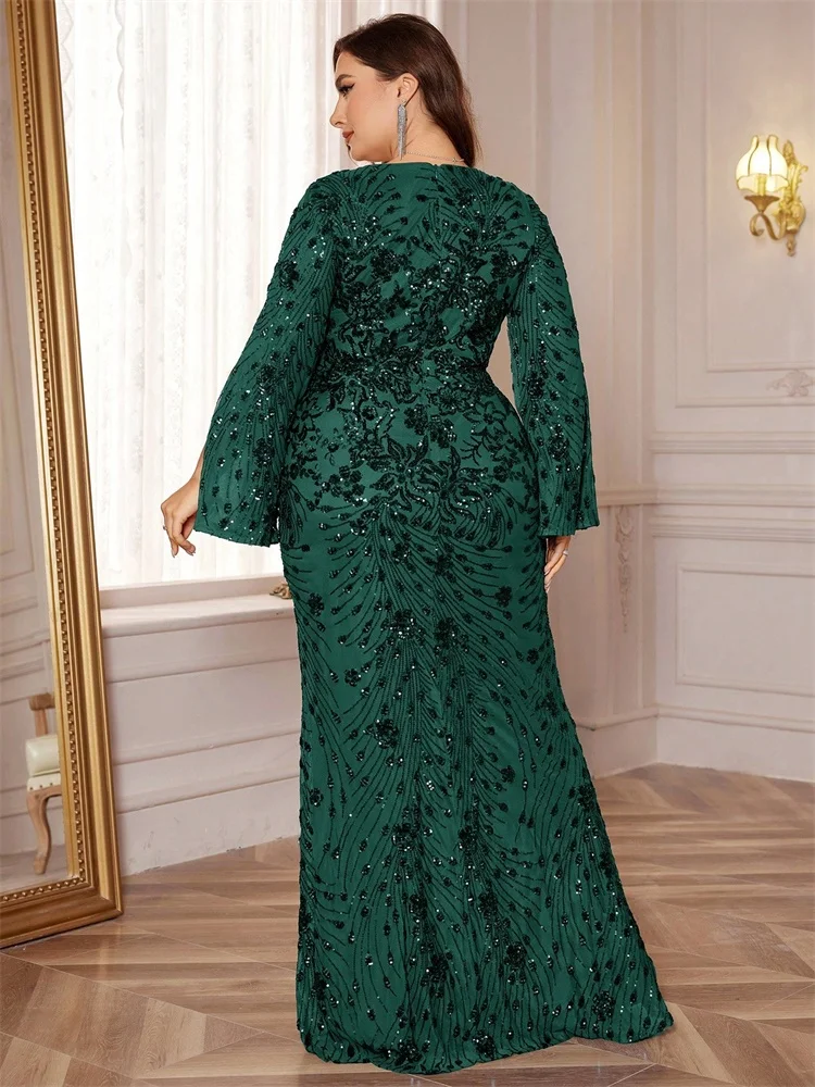 Plus Size Luxury Gold Evening Dresses Women 2024 Long Sleeve Mermaid Formal Sequins Prom Wedding Party Cocktail Gowns