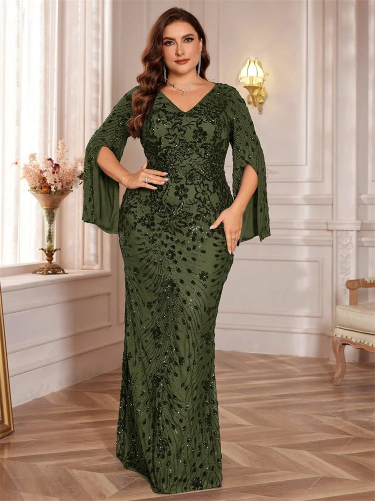 Plus Size Luxury Gold Evening Dresses Women 2024 Long Sleeve Mermaid Formal Sequins Prom Wedding Party Cocktail Gowns