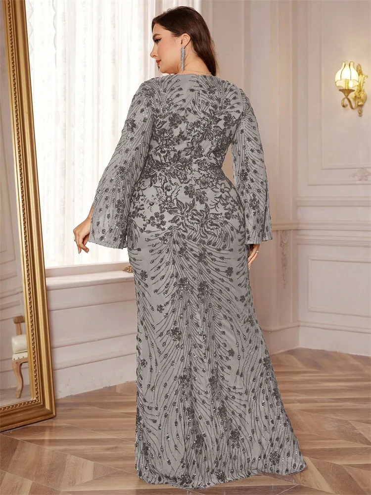 Plus Size Luxury Gold Evening Dresses Women 2024 Long Sleeve Mermaid Formal Sequins Prom Wedding Party Cocktail Gowns