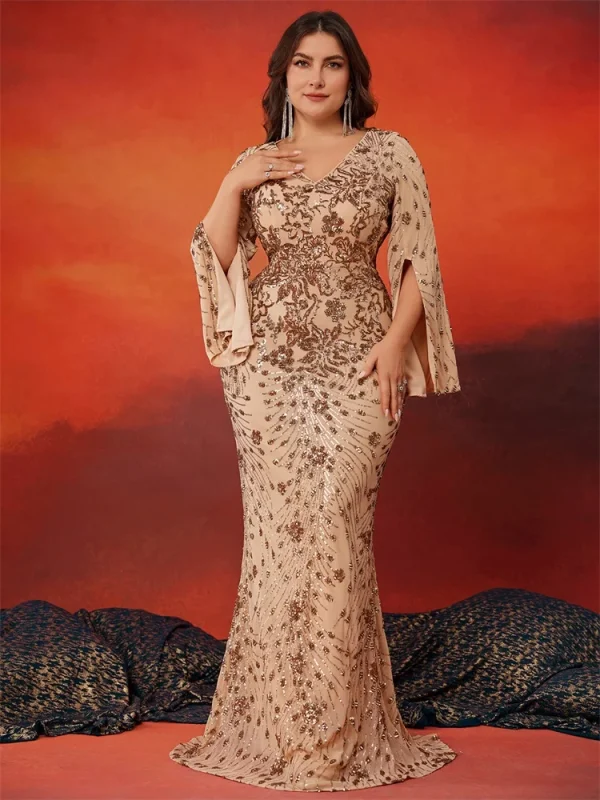 Plus Size Luxury Gold Black Burgundy Champagne Dark Green Evening Dresses Women Long Sleeve Mermaid Formal Sequins Prom Wedding Party Cocktail Gowns - Image 4