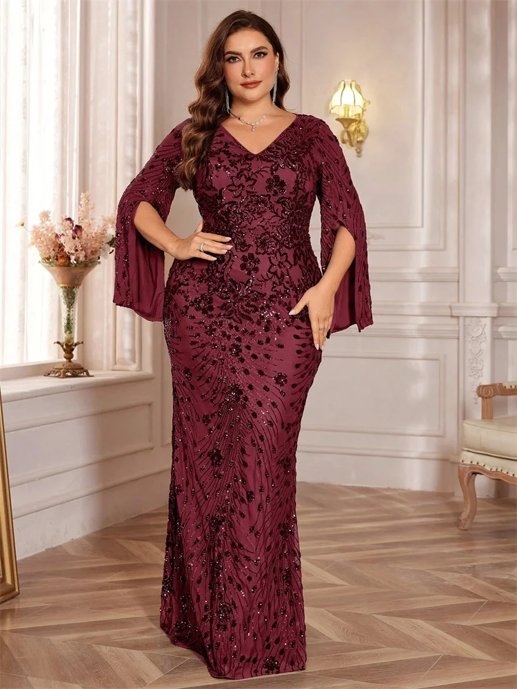 Plus Size Luxury Gold Evening Dresses Women 2024 Long Sleeve Mermaid Formal Sequins Prom Wedding Party Cocktail Gowns