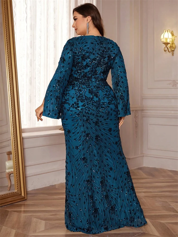 Plus Size Luxury Gold Evening Dresses Women 2024 Long Sleeve Mermaid Formal Sequins Prom Wedding Party Cocktail Gowns