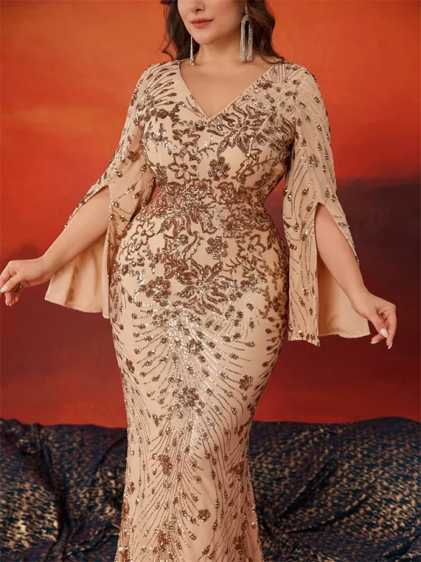 Plus Size Luxury Gold Black Burgundy Champagne Dark Green Evening Dresses Women Long Sleeve Mermaid Formal Sequins Prom Wedding Party Cocktail Gowns - Image 6