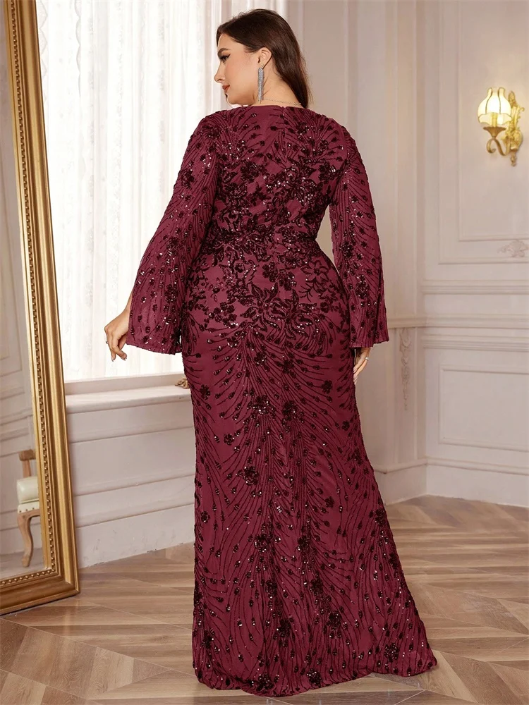 Plus Size Luxury Gold Evening Dresses Women 2024 Long Sleeve Mermaid Formal Sequins Prom Wedding Party Cocktail Gowns