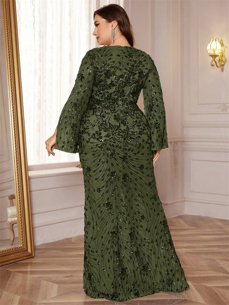 Plus Size Luxury Gold Evening Dresses Women 2024 Long Sleeve Mermaid Formal Sequins Prom Wedding Party Cocktail Gowns