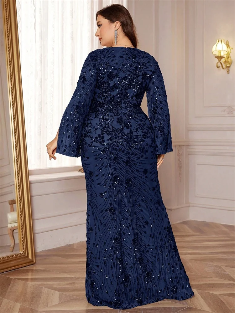 Plus Size Luxury Gold Evening Dresses Women 2024 Long Sleeve Mermaid Formal Sequins Prom Wedding Party Cocktail Gowns