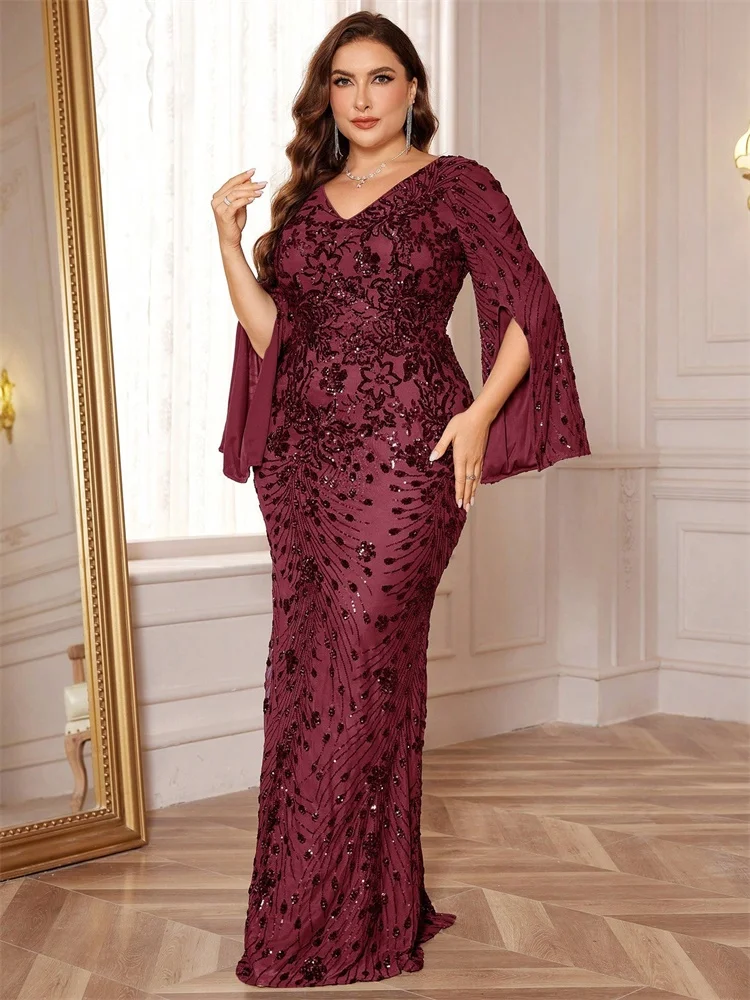 Plus Size Luxury Gold Evening Dresses Women 2024 Long Sleeve Mermaid Formal Sequins Prom Wedding Party Cocktail Gowns