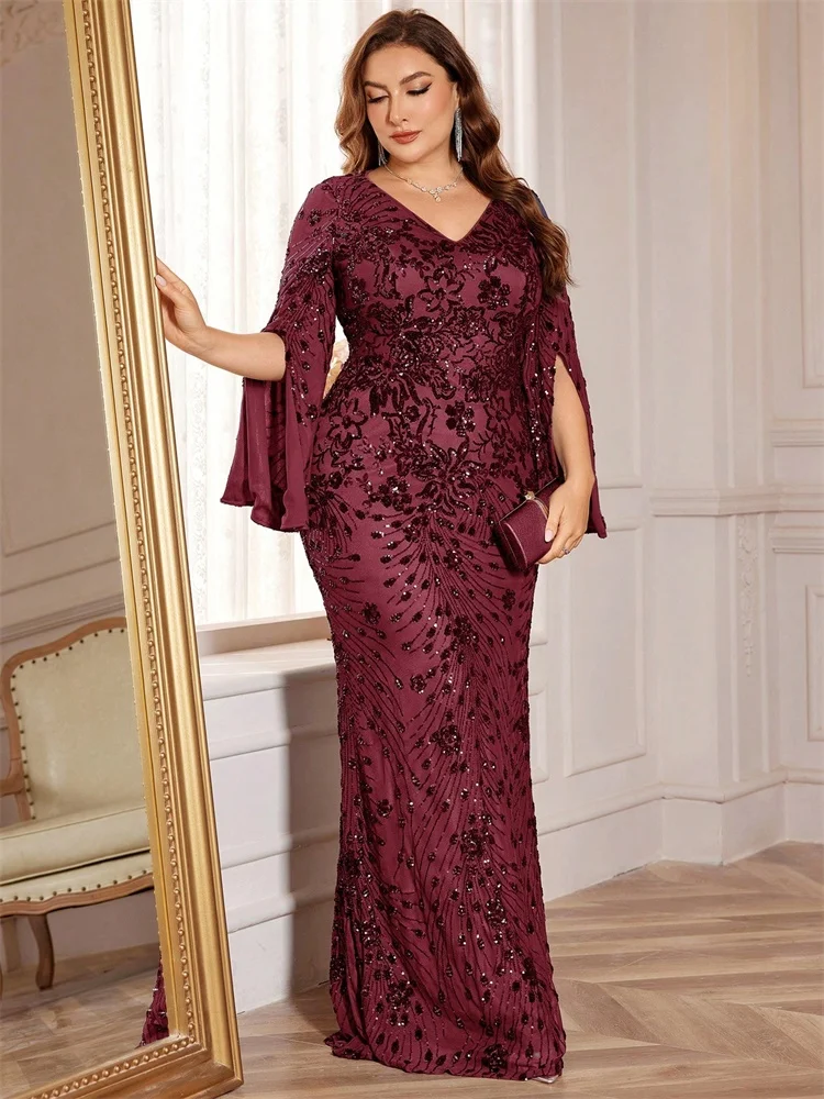 Plus Size Luxury Gold Evening Dresses Women 2024 Long Sleeve Mermaid Formal Sequins Prom Wedding Party Cocktail Gowns