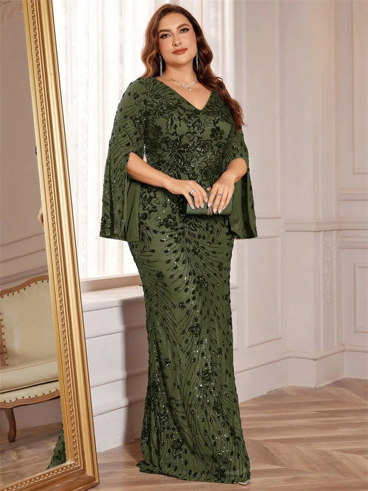 Plus Size Luxury Gold Evening Dresses Women 2024 Long Sleeve Mermaid Formal Sequins Prom Wedding Party Cocktail Gowns
