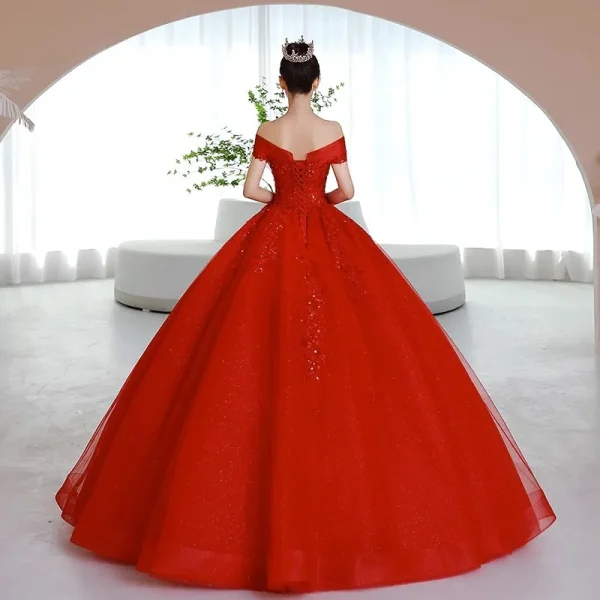 Red Off-Shoulder Ball Gown Quince Dresses Masquerade Fashion Lace Princess Party - Image 2