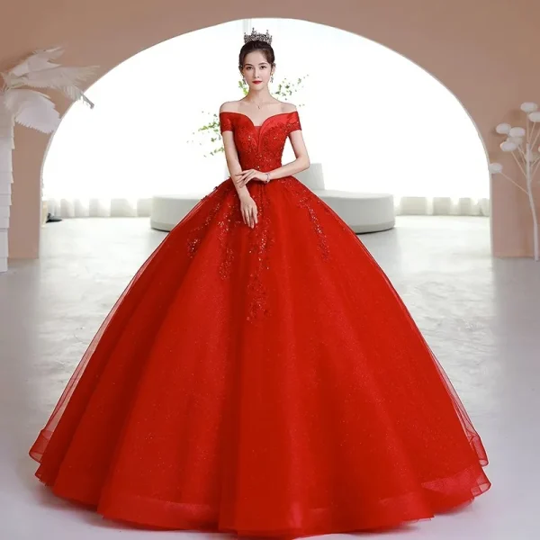 Red Off-Shoulder Ball Gown Quince Dresses Masquerade Fashion Lace Princess Party