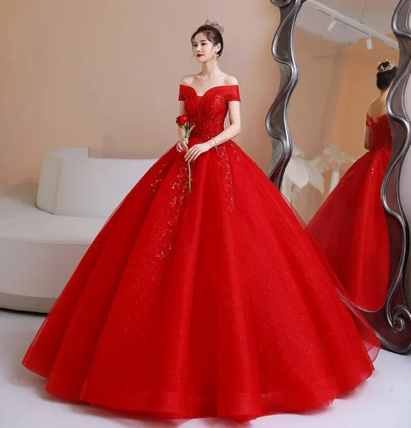 Red Off-Shoulder Ball Gown Quince Dresses Masquerade Fashion Lace Princess Party - Image 3