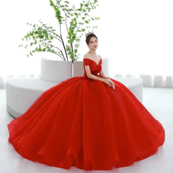 Red Off-Shoulder Ball Gown Quince Dresses Masquerade Fashion Lace Princess Party - Image 4