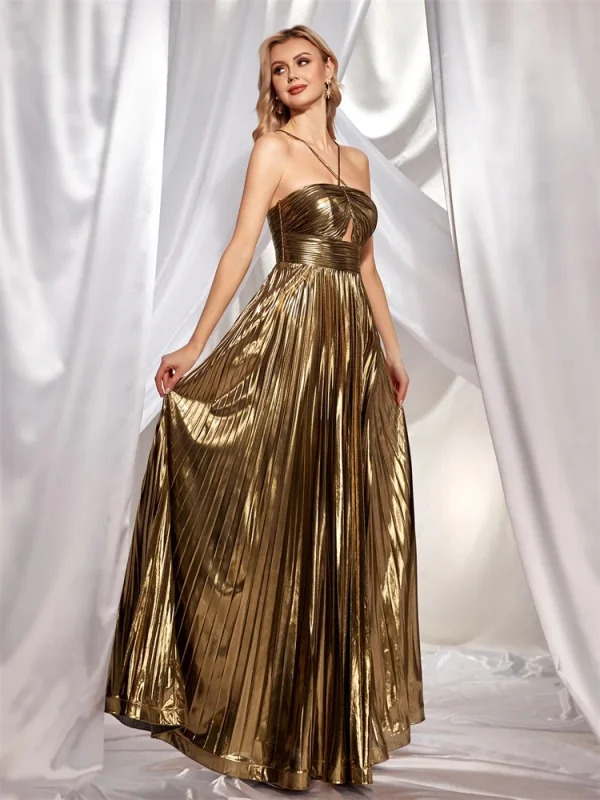 Luxury High Quality Women Design Maxi Dress Sexy Tube top Satin Evening Dress Party Night Elegant Long Cocktail Gold Prom Gown - Image 3