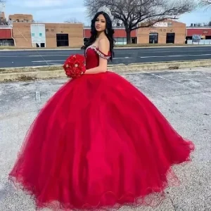 Red Sweetheart Ball Gown Quince Dresses Crystal Off-Shoulder Princess Birthday Party