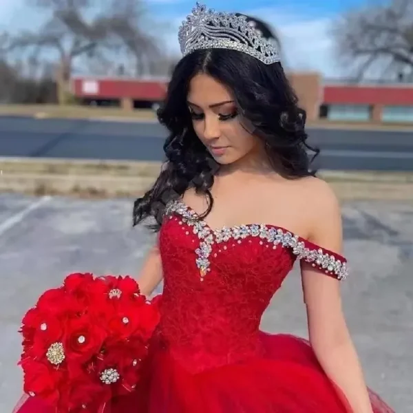 Red Sweetheart Ball Gown Quince Dresses Crystal Off-Shoulder Princess Birthday Party - Image 2