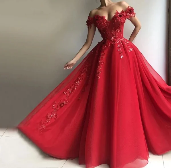 Red Sweetheart Quinceanera Dresses Party Sexy Off-Shoulder 3D Flower Tulle