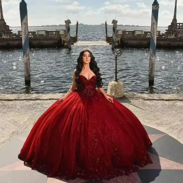 Glittering Burgundy Ball Gown Quince Dresses Cinderella Appliques Birthday Party