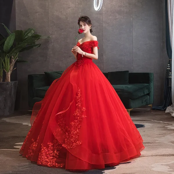 Red Off-Shoulder Ball Gown Quincea Dresses Party Applique Sweet Formal Birthday Masquerade Gowns - Image 2