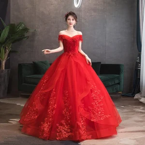 Red Off-Shoulder Ball Gown Quincea Dresses Party Applique Sweet Formal Birthday Masquerade Gowns