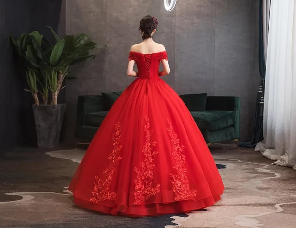 Red Off-Shoulder Ball Gown Quincea Dresses Party Applique Sweet Formal Birthday Masquerade Gowns - Image 3