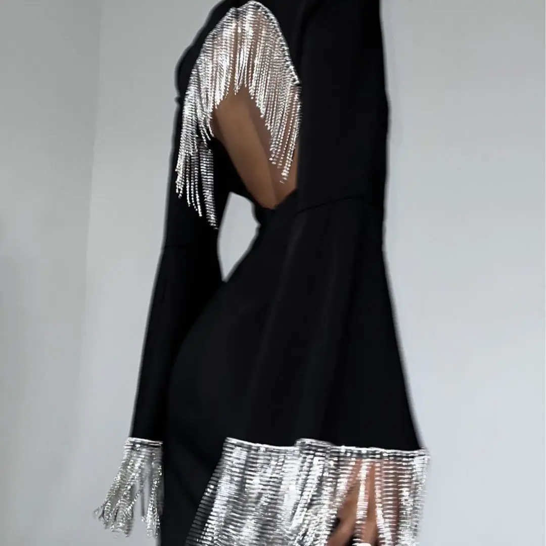 Chic Women's Tassel Hollow Out Mini Dress Long Sleeve Backless Shiny Black Sexy Glitter Short Elegant Party Evening Prom Dresses