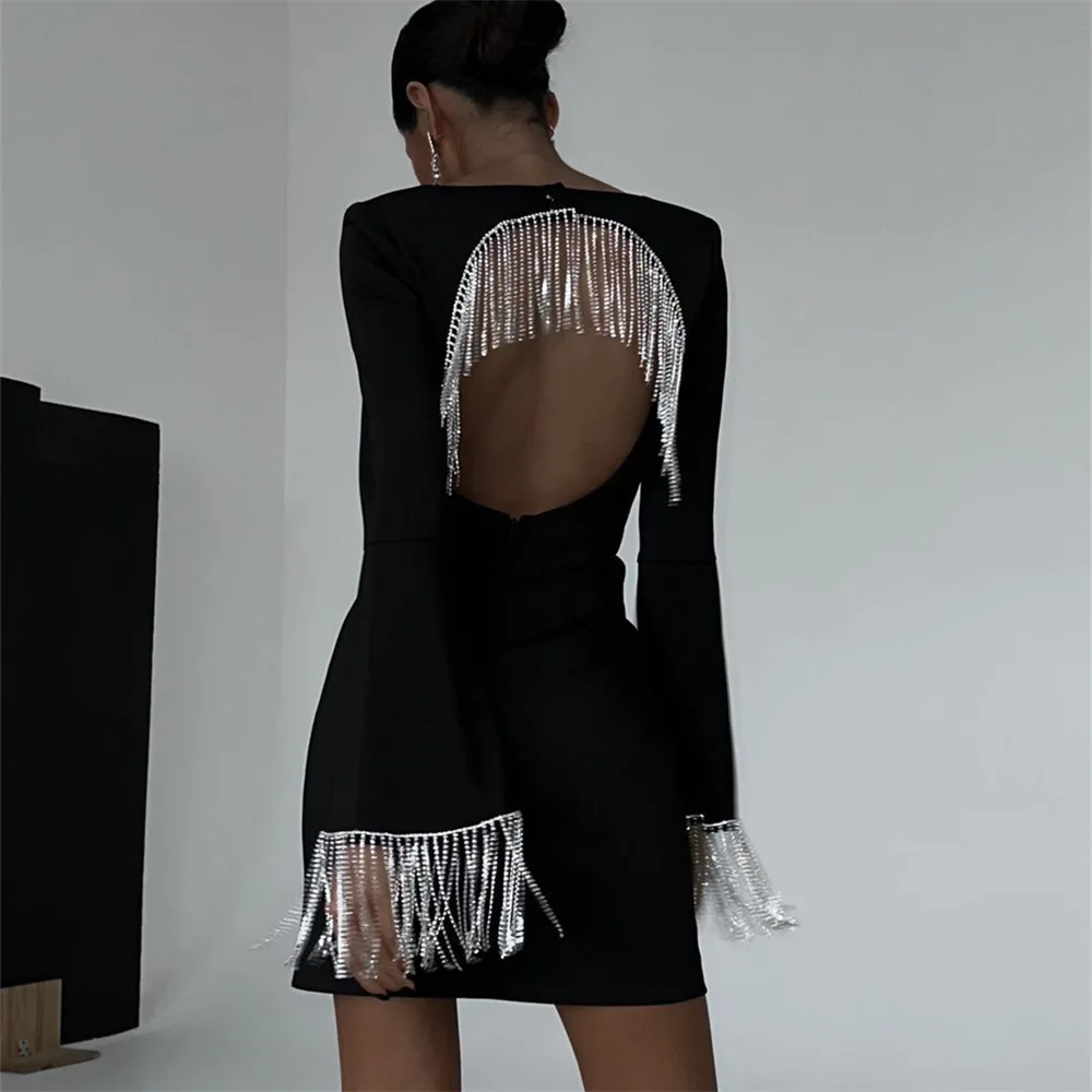 Chic Women's Tassel Hollow Out Mini Dress Long Sleeve Backless Shiny Black Sexy Glitter Short Elegant Party Evening Prom Dresses