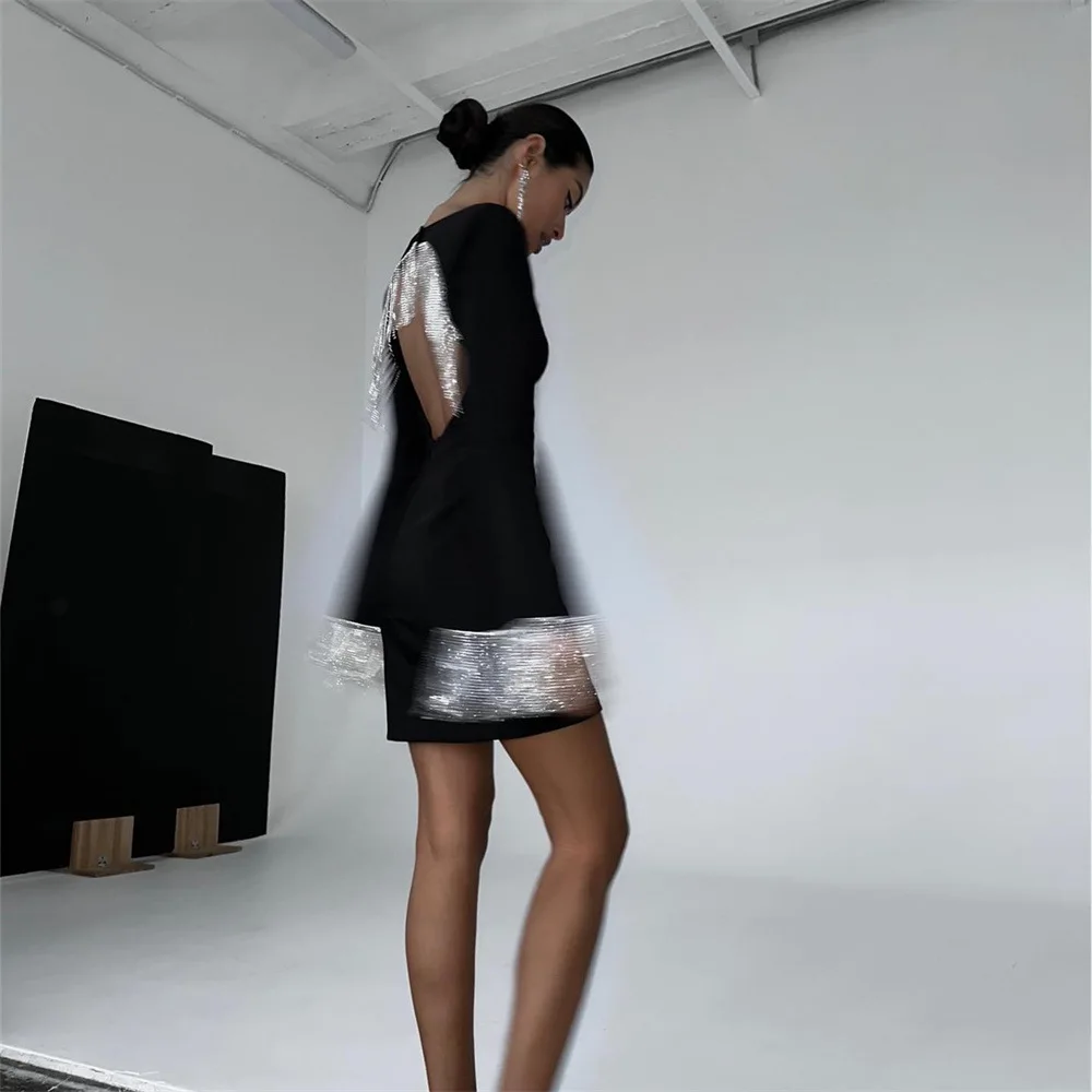 Chic Women's Tassel Hollow Out Mini Dress Long Sleeve Backless Shiny Black Sexy Glitter Short Elegant Party Evening Prom Dresses