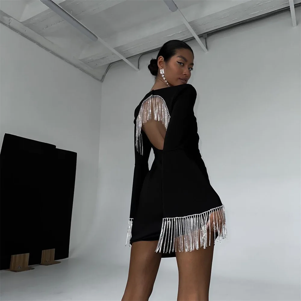 Chic Women's Tassel Hollow Out Mini Dress Long Sleeve Backless Shiny Black Sexy Glitter Short Elegant Party Evening Prom Dresses