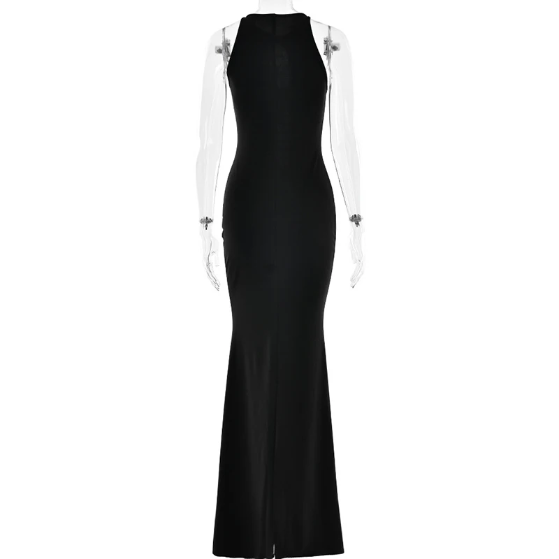Mozision Hollow Out Pearl Tassel Sexy Maxi Dress For Women Black O Neck Sleeveless High Waist Bodycon Club Party Long Dress