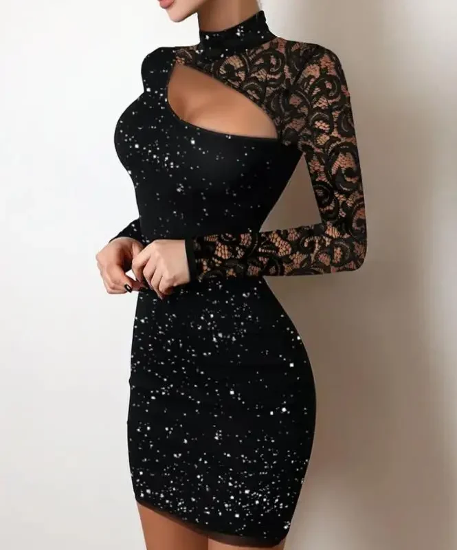 Glitter Long Sleeve Mini Evening Dress