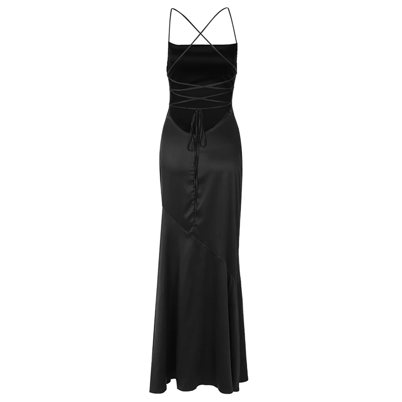 Spaghetti Strap Backless Sexy Maxi Dress Women Gown Black Satin Slipdress Sleeveless High Waist Club Party Long Dress Spaghetti Strap Backless Sexy Maxi Dress Women Gown Black Satin Slipdress Sleeveless High Waist Club Party Long Dress