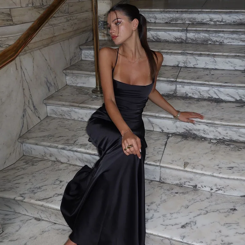 Spaghetti Strap Backless Sexy Maxi Dress Women Gown Black Satin Slipdress Sleeveless High Waist Club Party Long Dress Spaghetti Strap Backless Sexy Maxi Dress Women Gown Black Satin Slipdress Sleeveless High Waist Club Party Long Dress