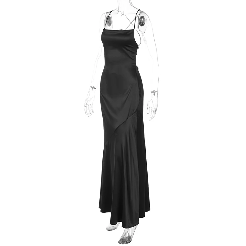 Spaghetti Strap Backless Sexy Maxi Dress Women Gown Black Satin Slipdress Sleeveless High Waist Club Party Long Dress Spaghetti Strap Backless Sexy Maxi Dress Women Gown Black Satin Slipdress Sleeveless High Waist Club Party Long Dress