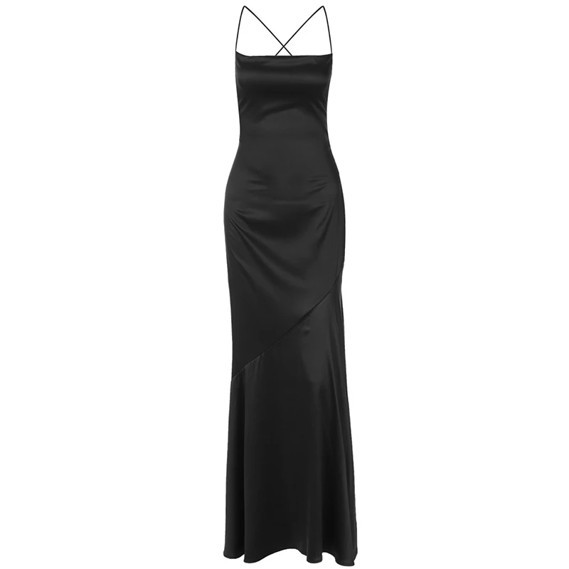 Spaghetti Strap Backless Sexy Maxi Dress Women Gown Black Satin Slipdress Sleeveless High Waist Club Party Long Dress Spaghetti Strap Backless Sexy Maxi Dress Women Gown Black Satin Slipdress Sleeveless High Waist Club Party Long Dress