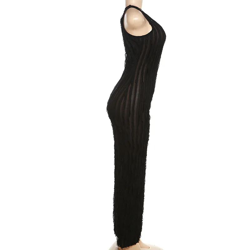 Elegant Sexy Black Ruffles One Shoulder Long Dress Women Sleeveless Backless Slim Maxi Club Evening Party Robe