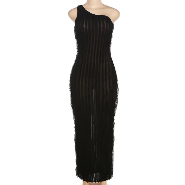 Black Ruffles One Shoulder Long Dress Sleeveless Backless - Image 3