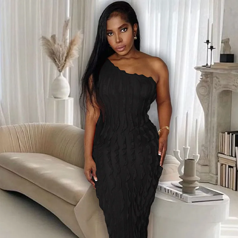 Elegant Sexy Black Ruffles One Shoulder Long Dress Women Sleeveless Backless Slim Maxi Club Evening Party Robe
