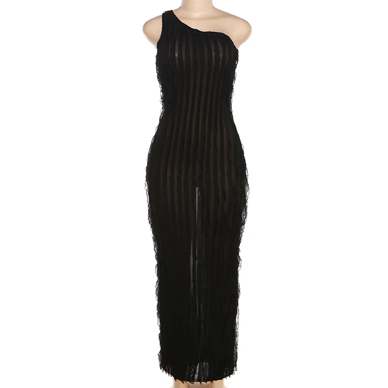 Elegant Sexy Black Ruffles One Shoulder Long Dress Women Sleeveless Backless Slim Maxi Club Evening Party Robe