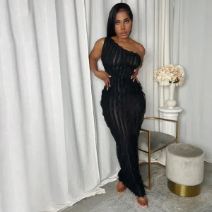 Black Ruffles One Shoulder Long Dress Sleeveless Backless