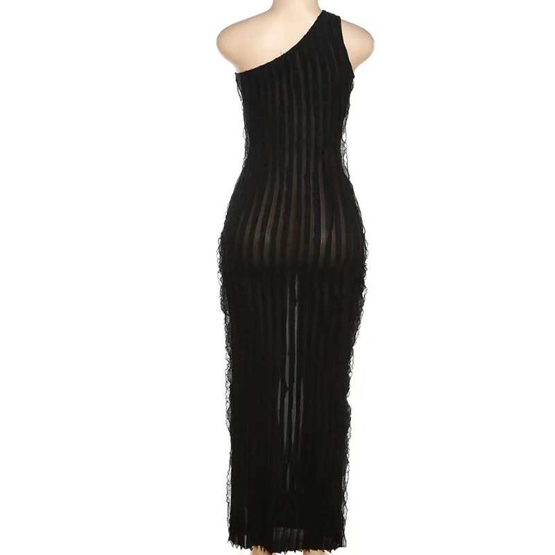 Elegant Sexy Black Ruffles One Shoulder Long Dress Women Sleeveless Backless Slim Maxi Club Evening Party Robe