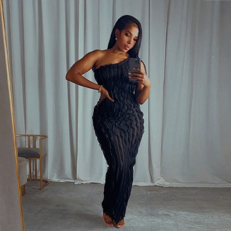 Elegant Sexy Black Ruffles One Shoulder Long Dress Women Sleeveless Backless Slim Maxi Club Evening Party Robe