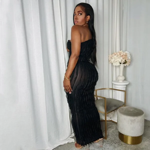 Black Ruffles One Shoulder Long Dress Sleeveless Backless - Image 2