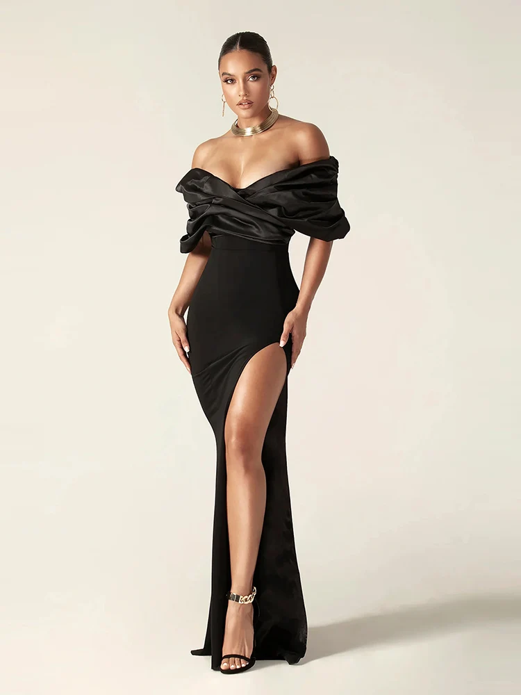 Sexy Satin Ruffle Shoulder High Slit Long Dress Women Black Off the Shoulder Pleat Maxi Dress Elegant Evening Party Gown